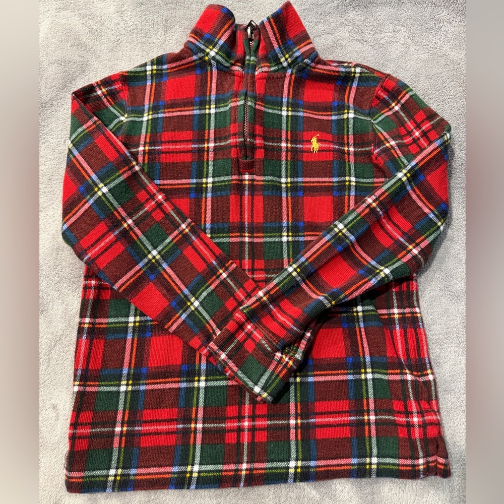 Polo by Ralph Lauren Red and Green Plaid Fleece Quarter-Zip. Pre-loved